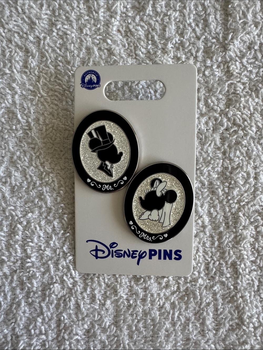 Disney Black & Silver Mickey & Minnie Mouse “Mr. and Mrs.” Cameo Pin Set